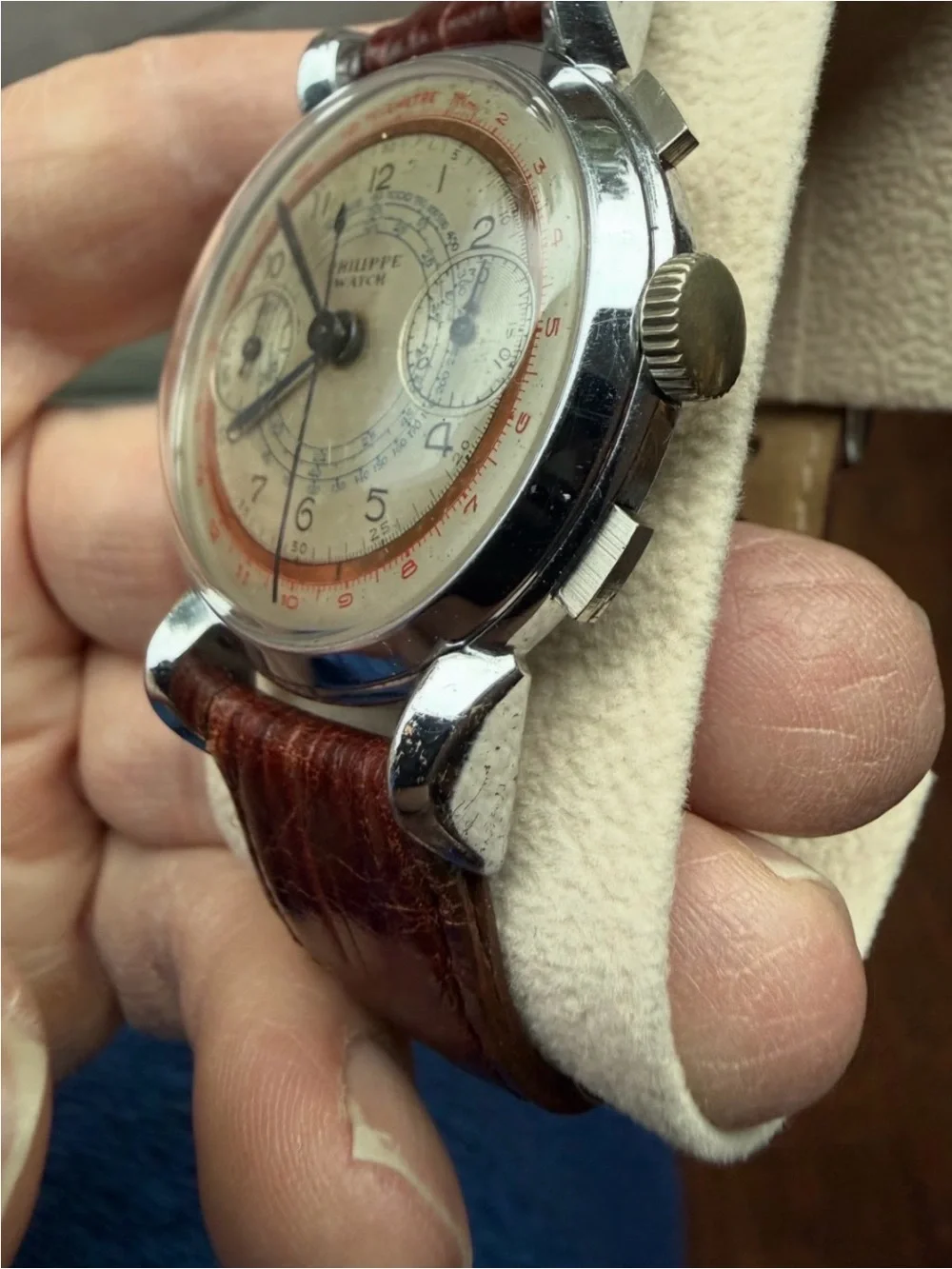 Vintage Philippe Men's Chronograph Watch - Brown Dial, Brown Strap